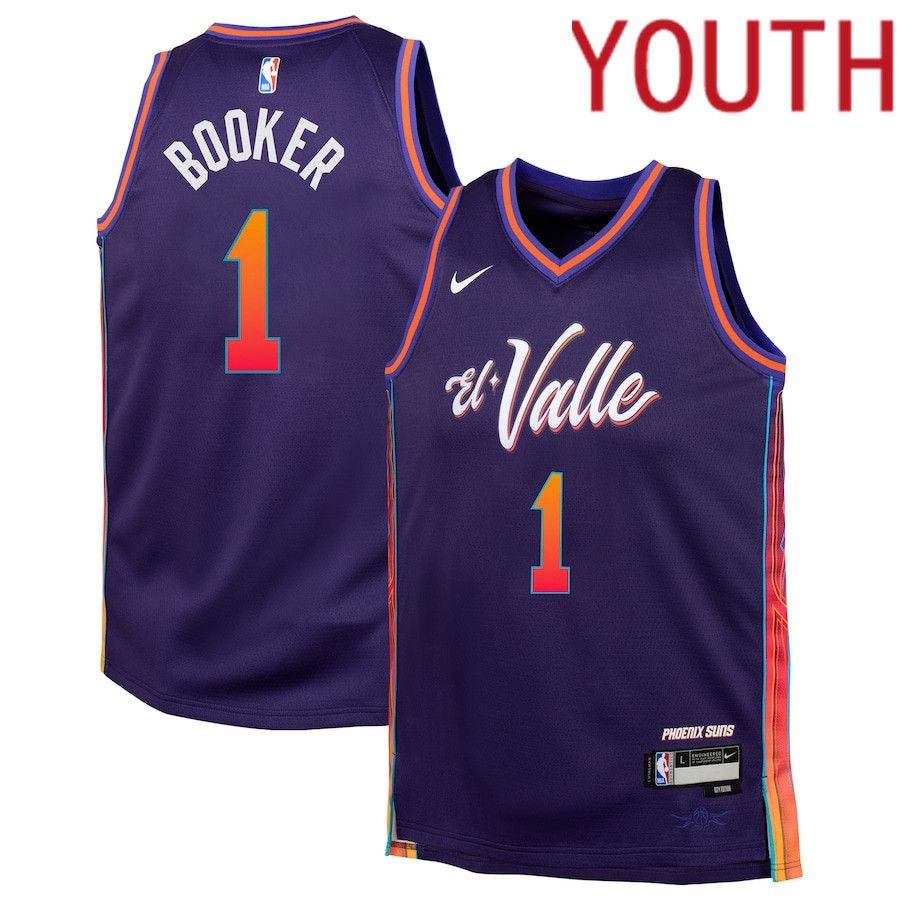 Youth Phoenix Suns #1 Devin Booker Nike Purple City Edition 2023-24 Swingman Replica NBA Jersey